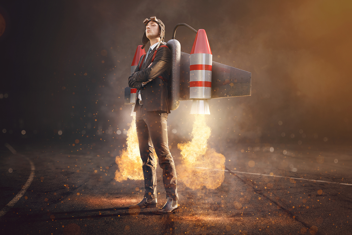 En man med jetpack och kostym